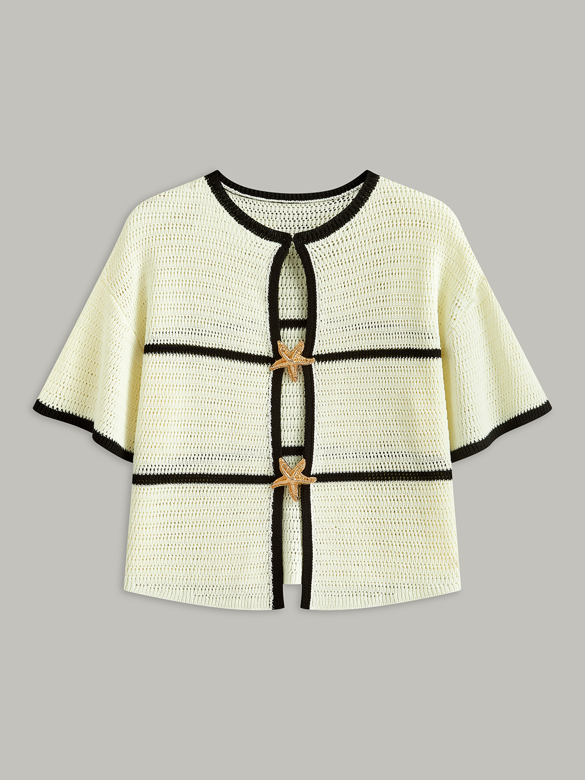 Contrast Trim Starfish Button Knitted Top, Cozy Casual Long Sleeve Pullover