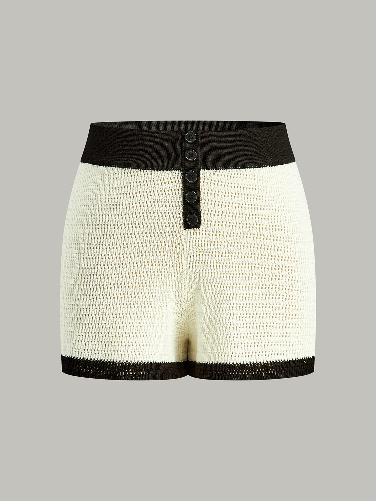 Contrast Trim Button-Front Knitted Shorts with Elastic Waistband