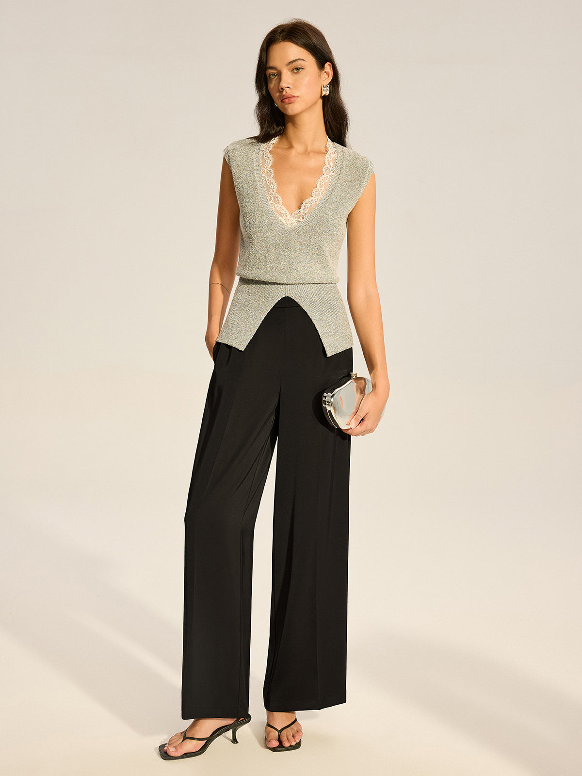 Lace-Trimmed Waist-Cinching Knitted Vest for Women, Layering Essential