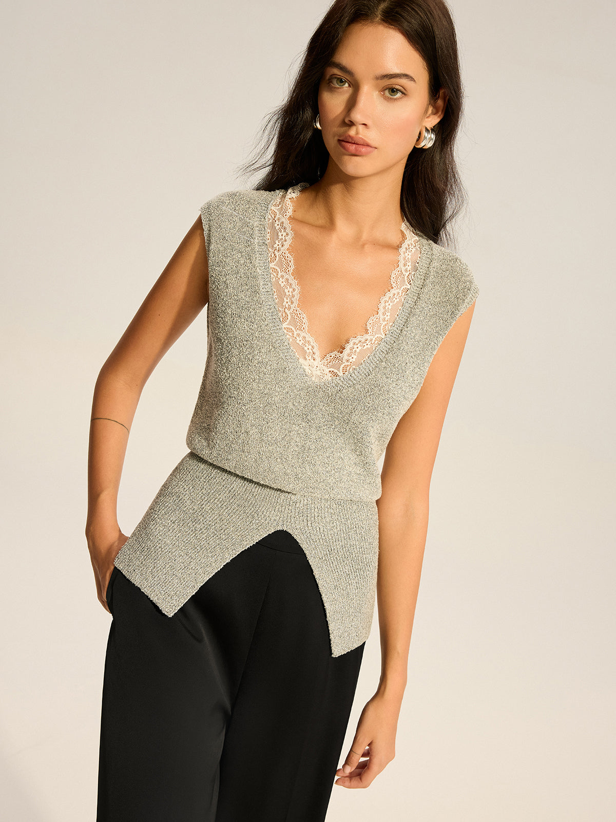 Lace-Trimmed Waist-Cinching Knitted Vest for Women, Layering Essential