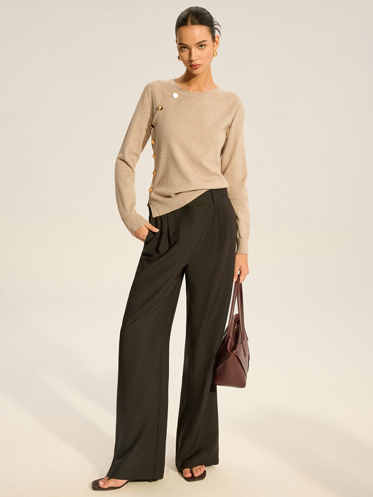 Asymmetric Button Knit Top for Women, Casual Long Sleeve Pullover