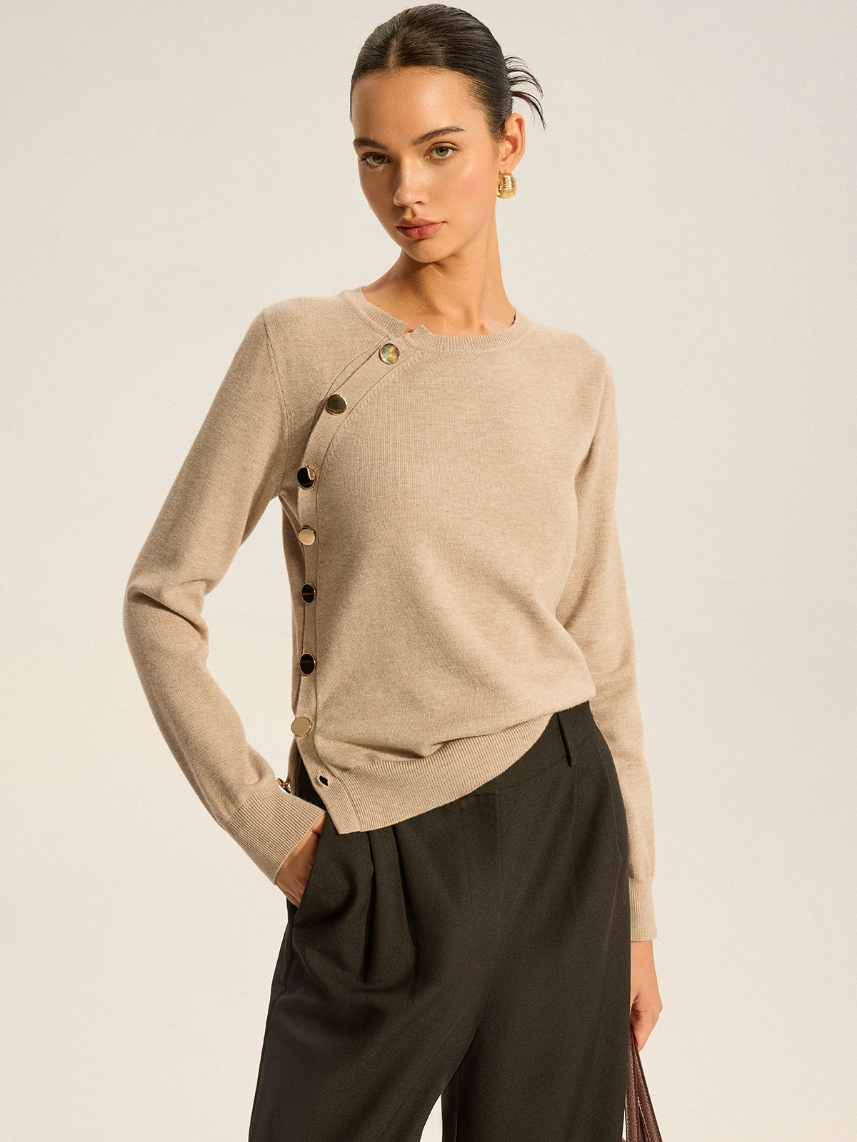 Asymmetric Button Knit Top for Women, Casual Long Sleeve Pullover