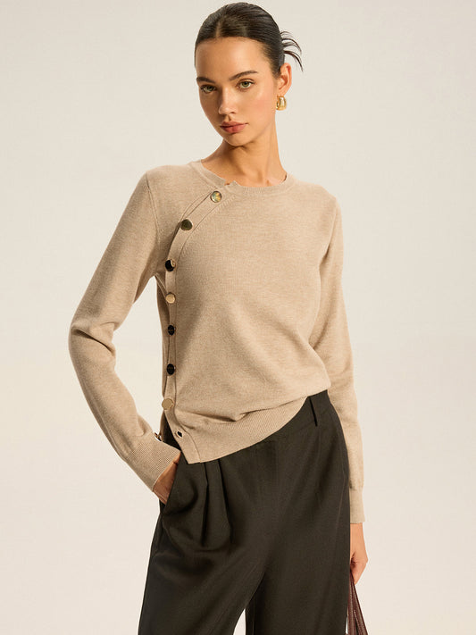 Asymmetric Button Knit Top for Women, Casual Long Sleeve Pullover