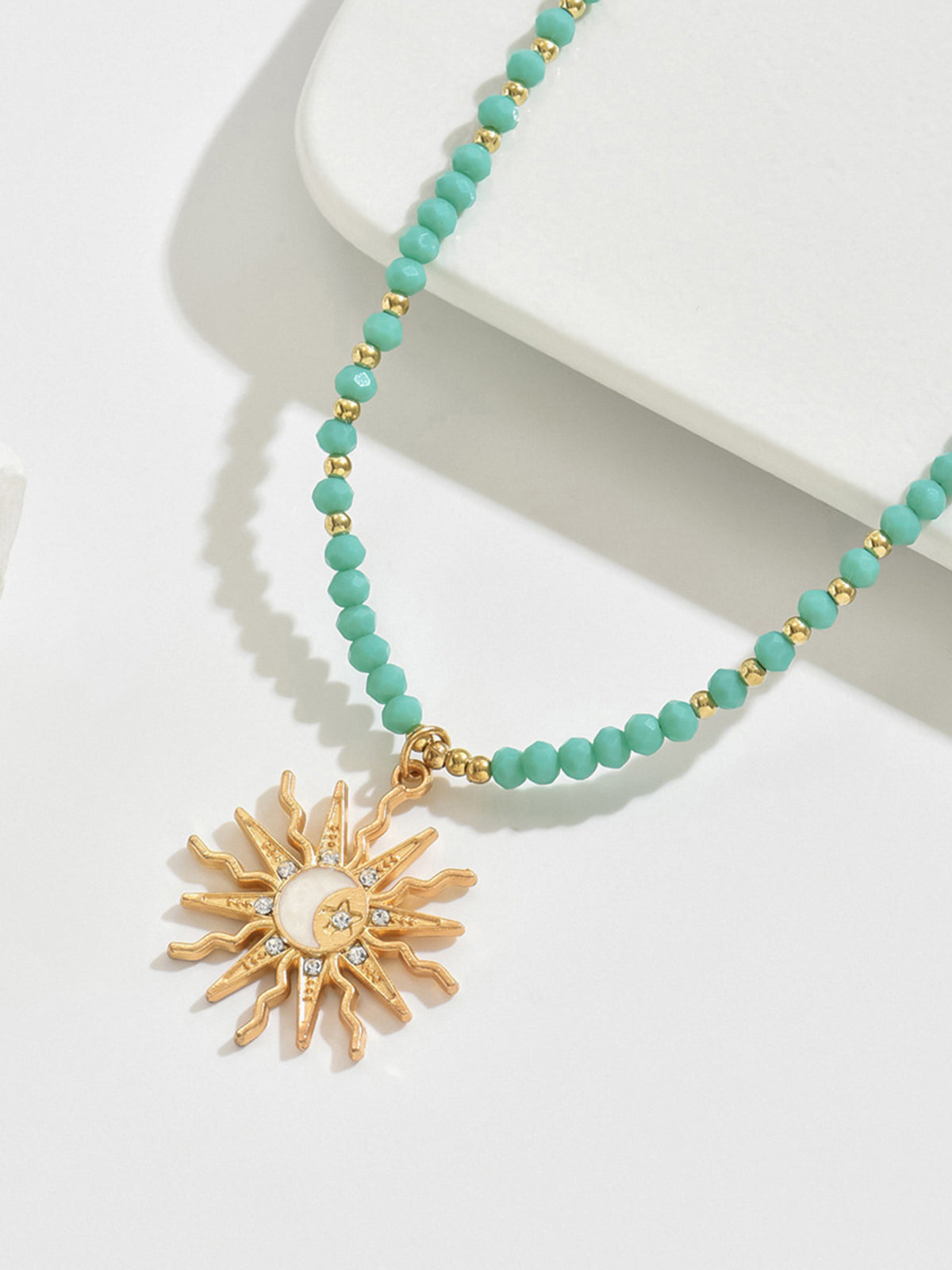 Turquoise Beaded Choker with Sun-Moon Pendant, Adjustable Boho Style Necklace