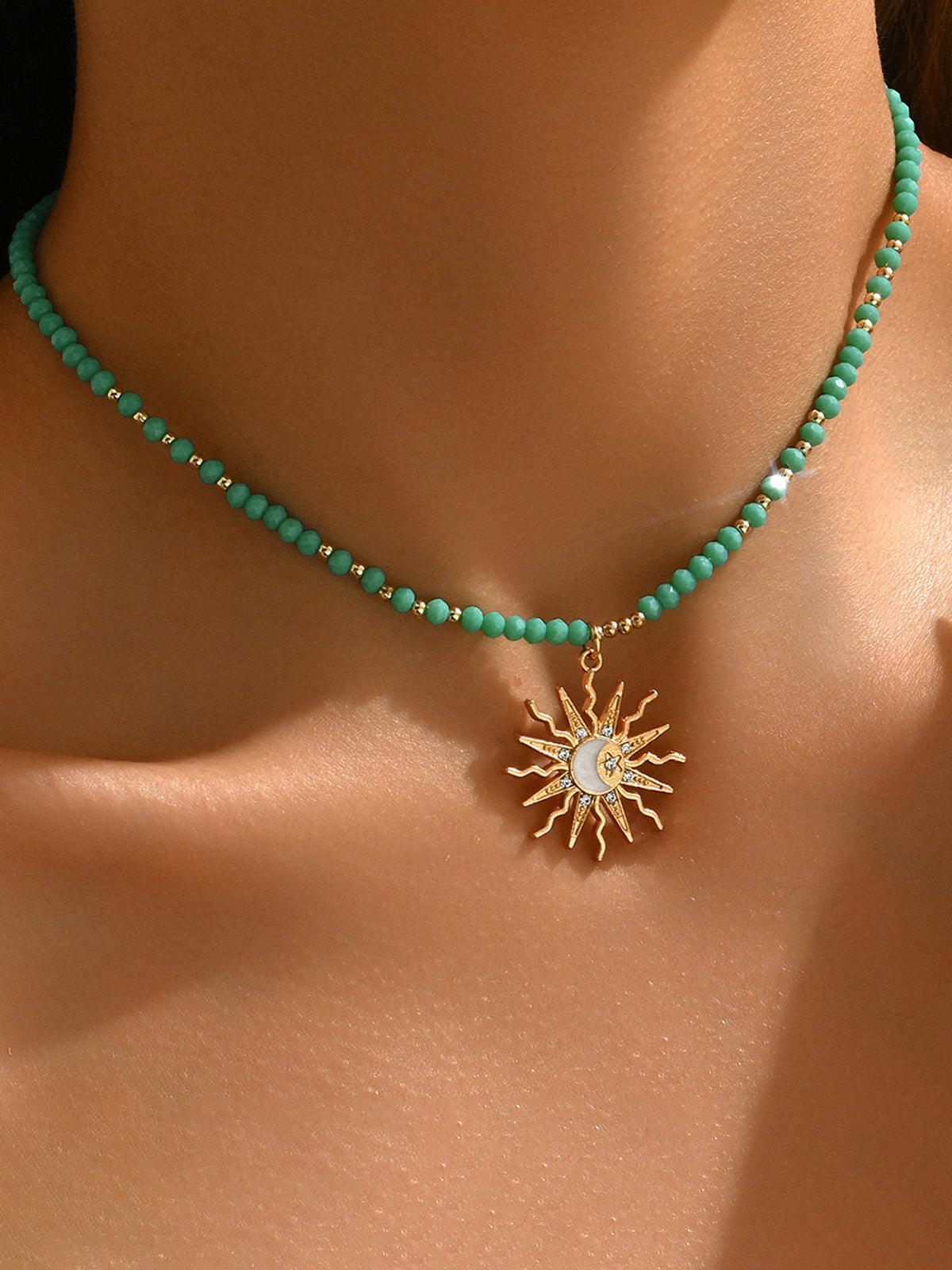 Turquoise Beaded Choker with Sun-Moon Pendant, Adjustable Boho Style Necklace