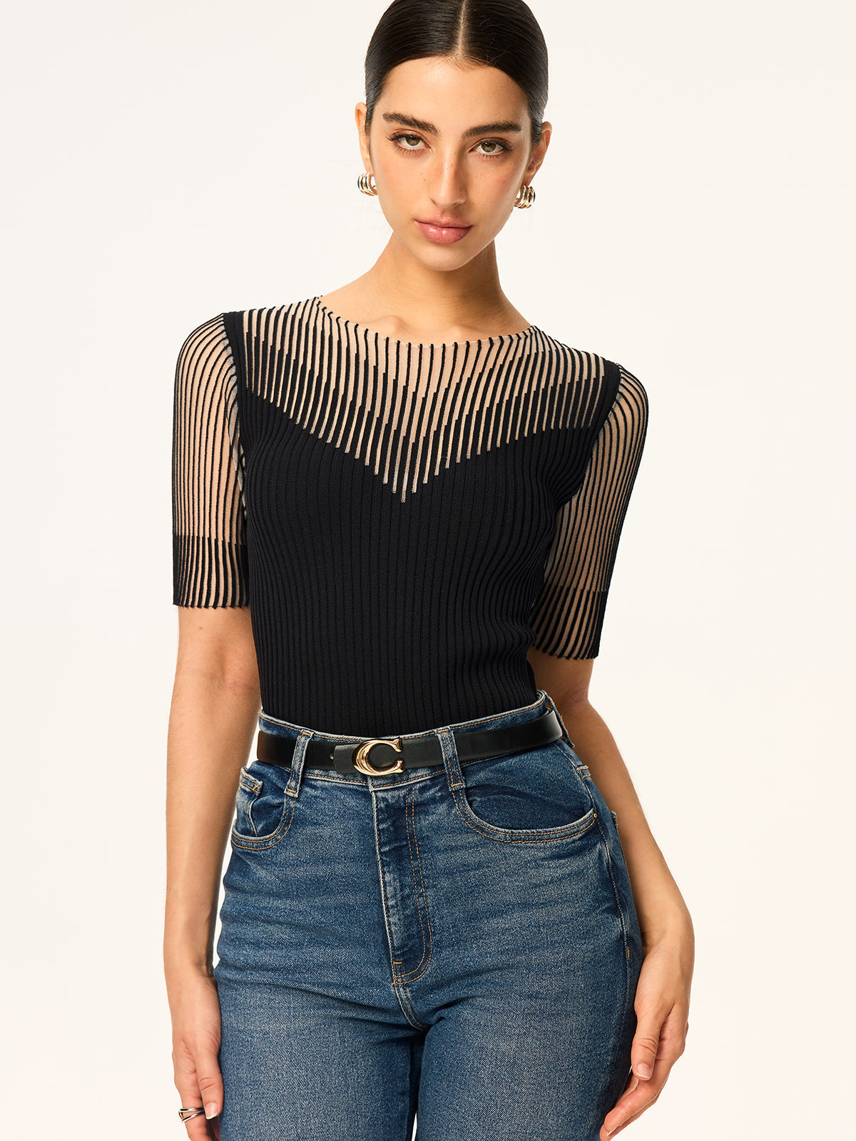 Sheer Striped Panel Ribbed Knit Top for Women Comfortable Casual Wear