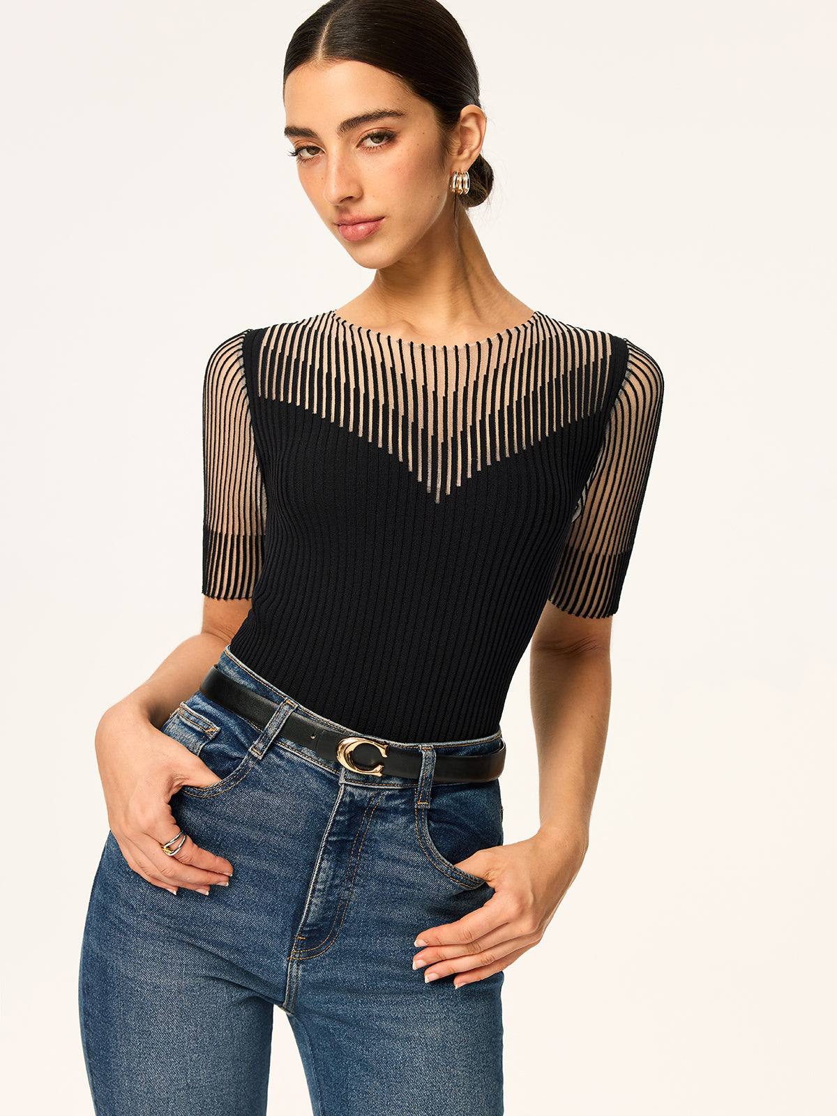 Sheer Striped Panel Ribbed Knit Top for Women Comfortable Casual Wear