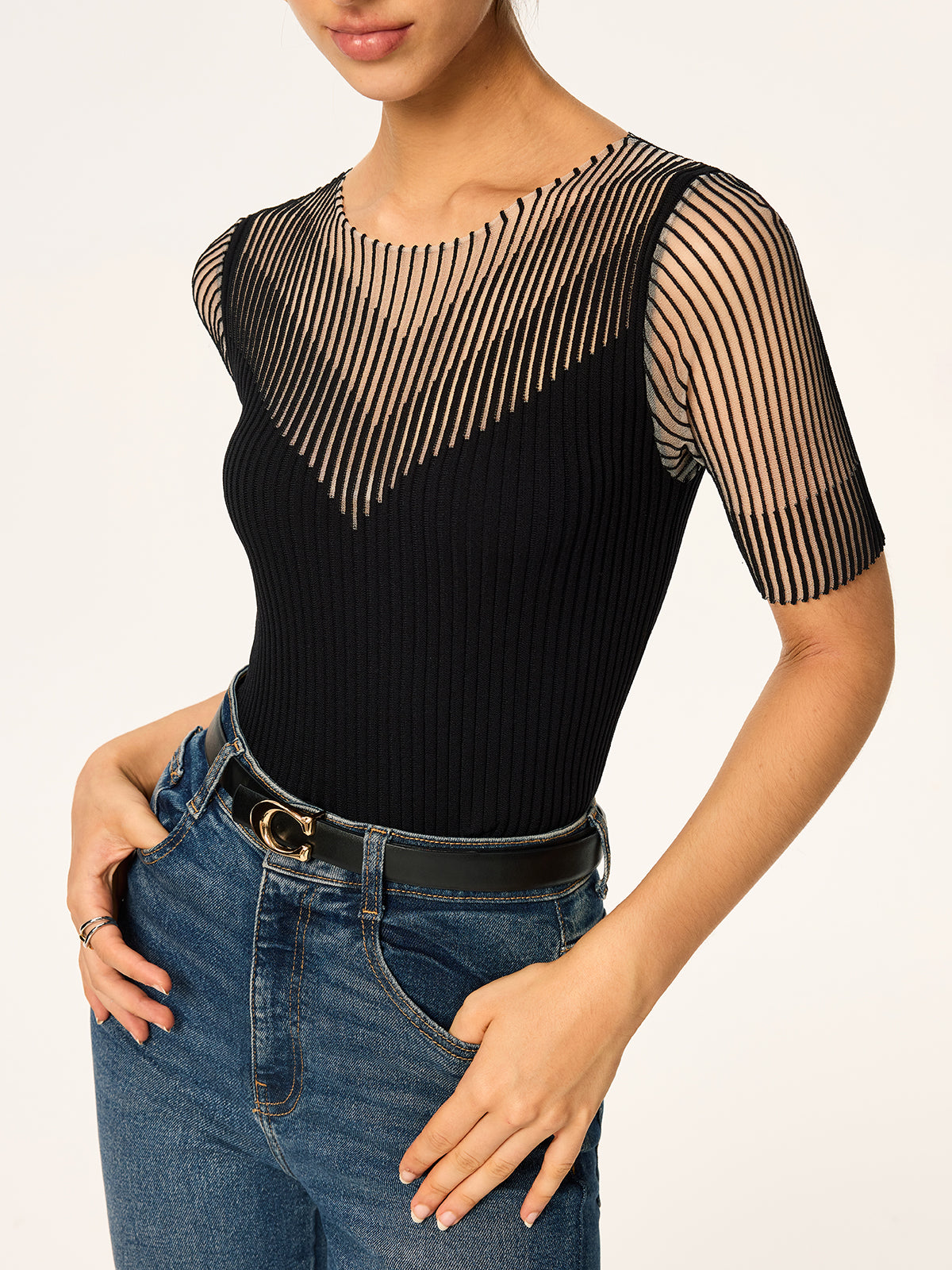 Sheer Striped Panel Ribbed Knit Top for Women Comfortable Casual Wear