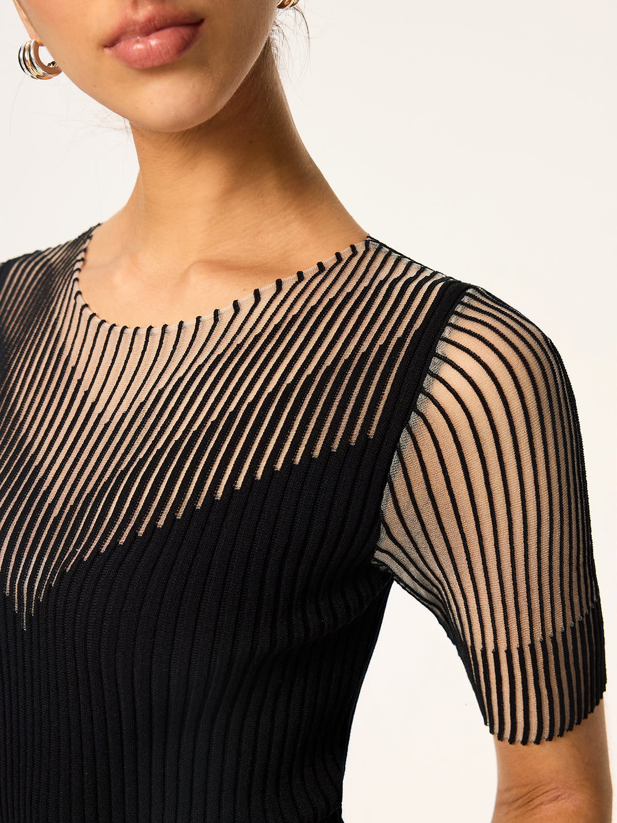 Sheer Striped Panel Ribbed Knit Top for Women Comfortable Casual Wear
