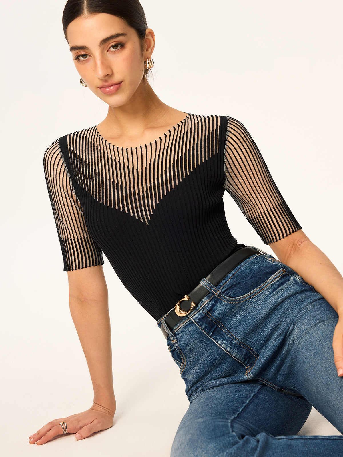 Sheer Striped Panel Ribbed Knit Top for Women Comfortable Casual Wear
