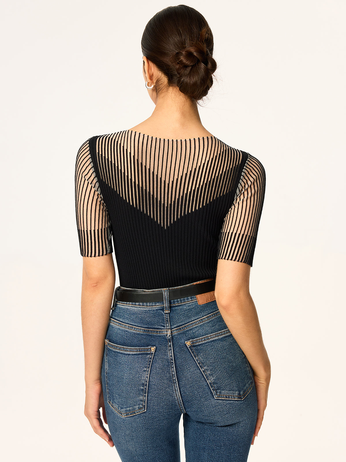 Sheer Striped Panel Ribbed Knit Top for Women Comfortable Casual Wear