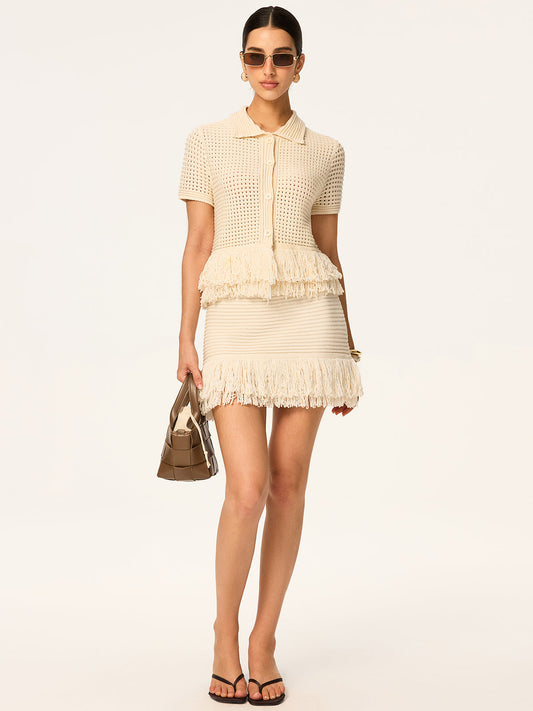 "Fringed Knit Mini Skirt Women's Fashion Trend"