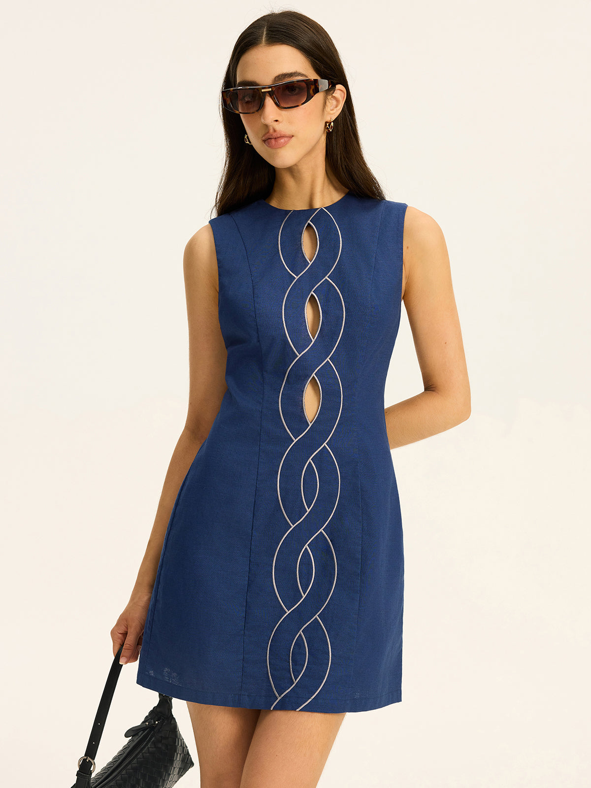 Linen & Cotton Cut-Out Contrast-Stitch Mini Dress Women's Summer Fashion