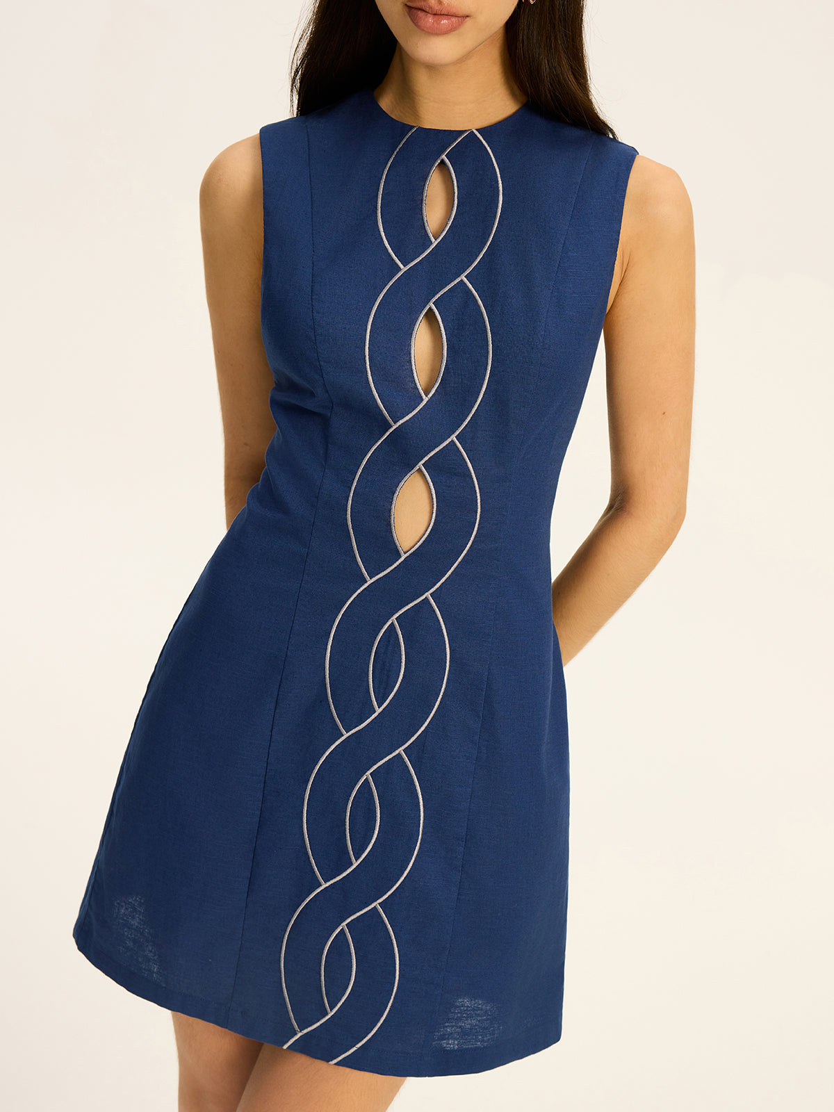 Linen & Cotton Cut-Out Contrast-Stitch Mini Dress Women's Summer Fashion