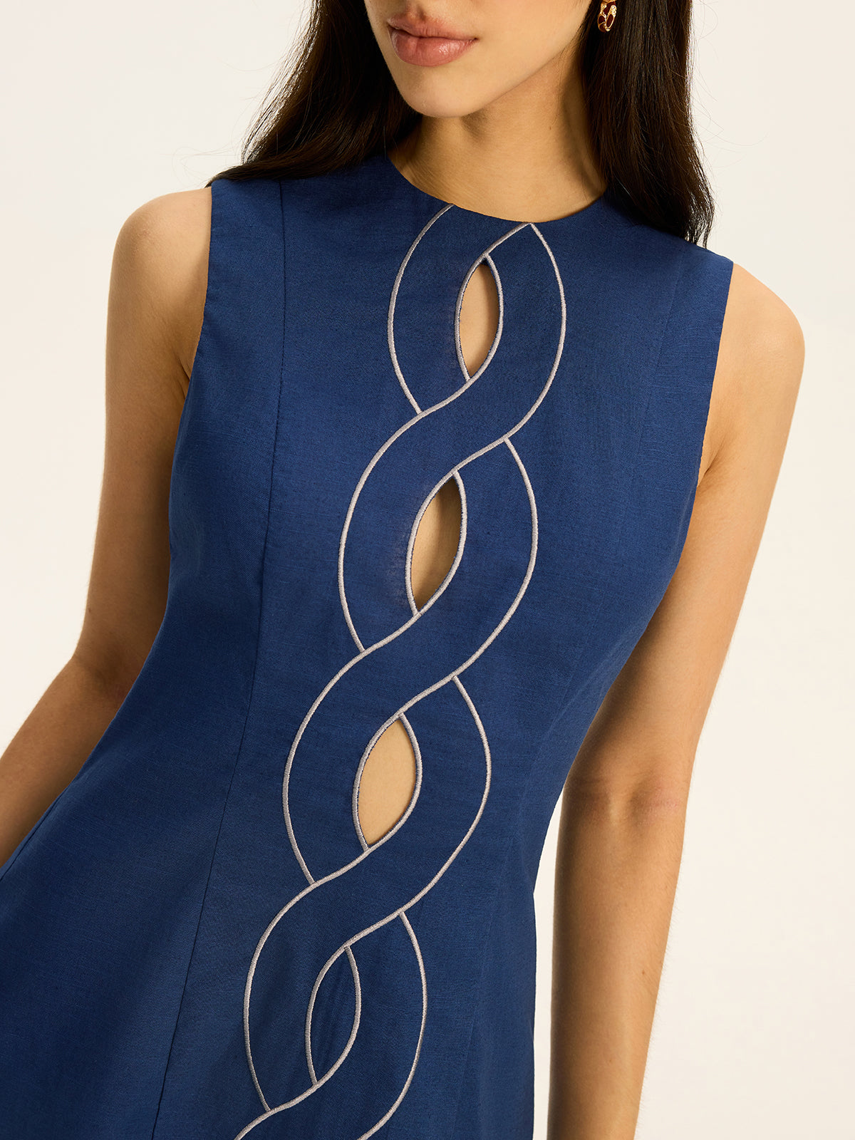 Linen & Cotton Cut-Out Contrast-Stitch Mini Dress Women's Summer Fashion