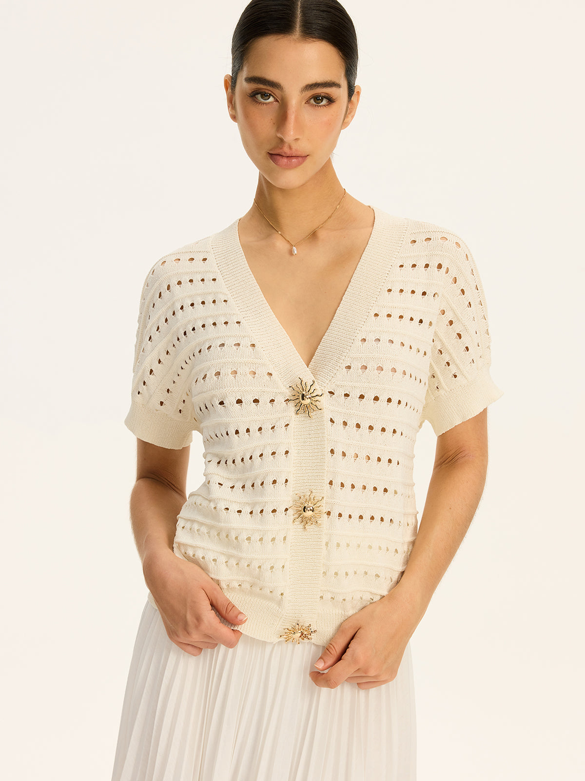 Eyelet Knit Metal Button V-Neck Cardigan Cozy Lightweight Layer Winter Fashion