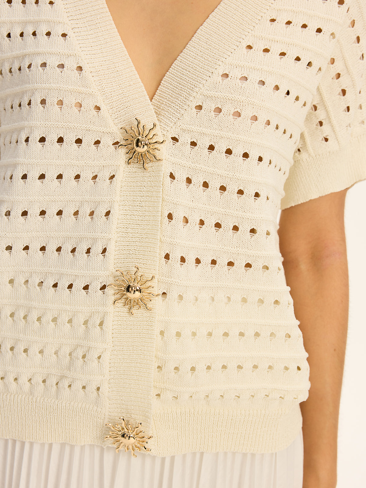 Eyelet Knit Metal Button V-Neck Cardigan Cozy Lightweight Layer Winter Fashion