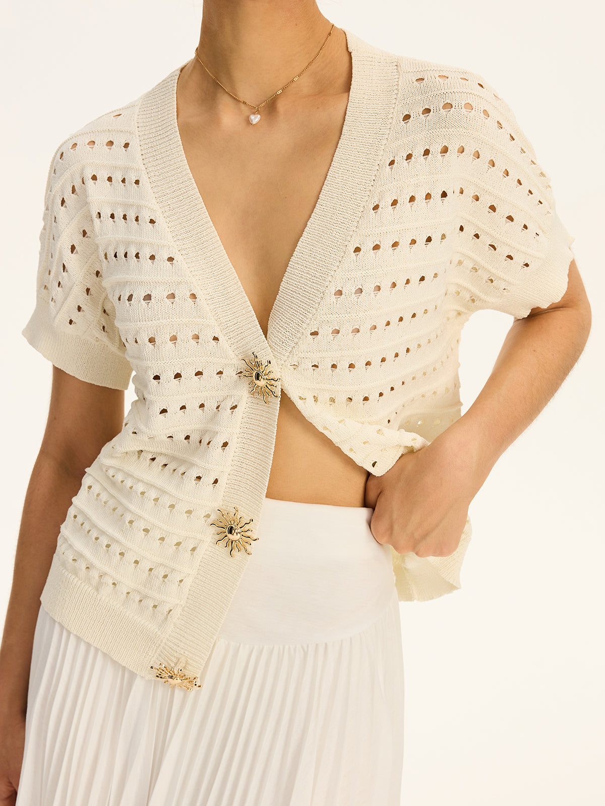 Eyelet Knit Metal Button V-Neck Cardigan Cozy Lightweight Layer Winter Fashion