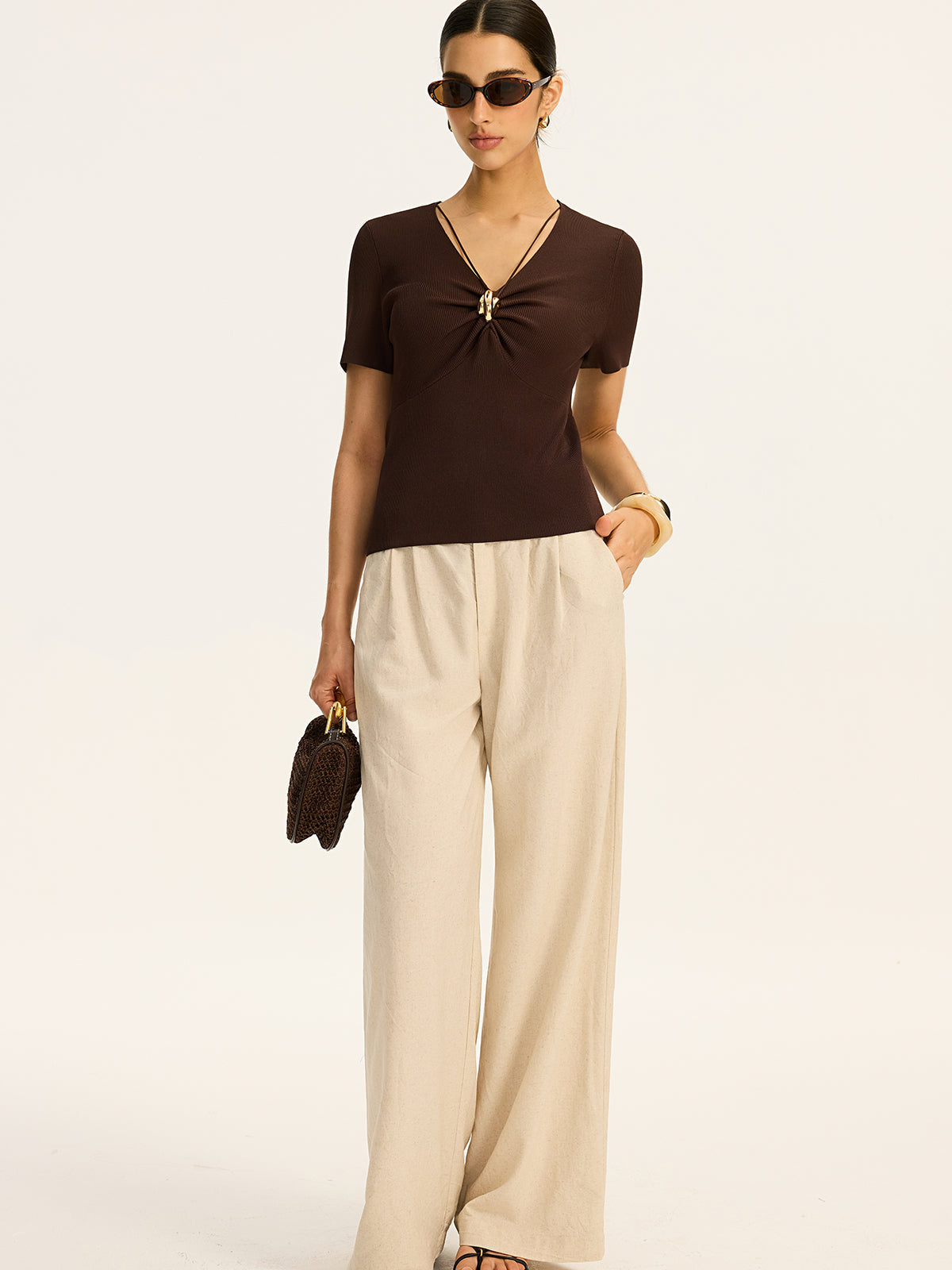 Metal Detail Ribbed Knit Top for Casual Wear Women