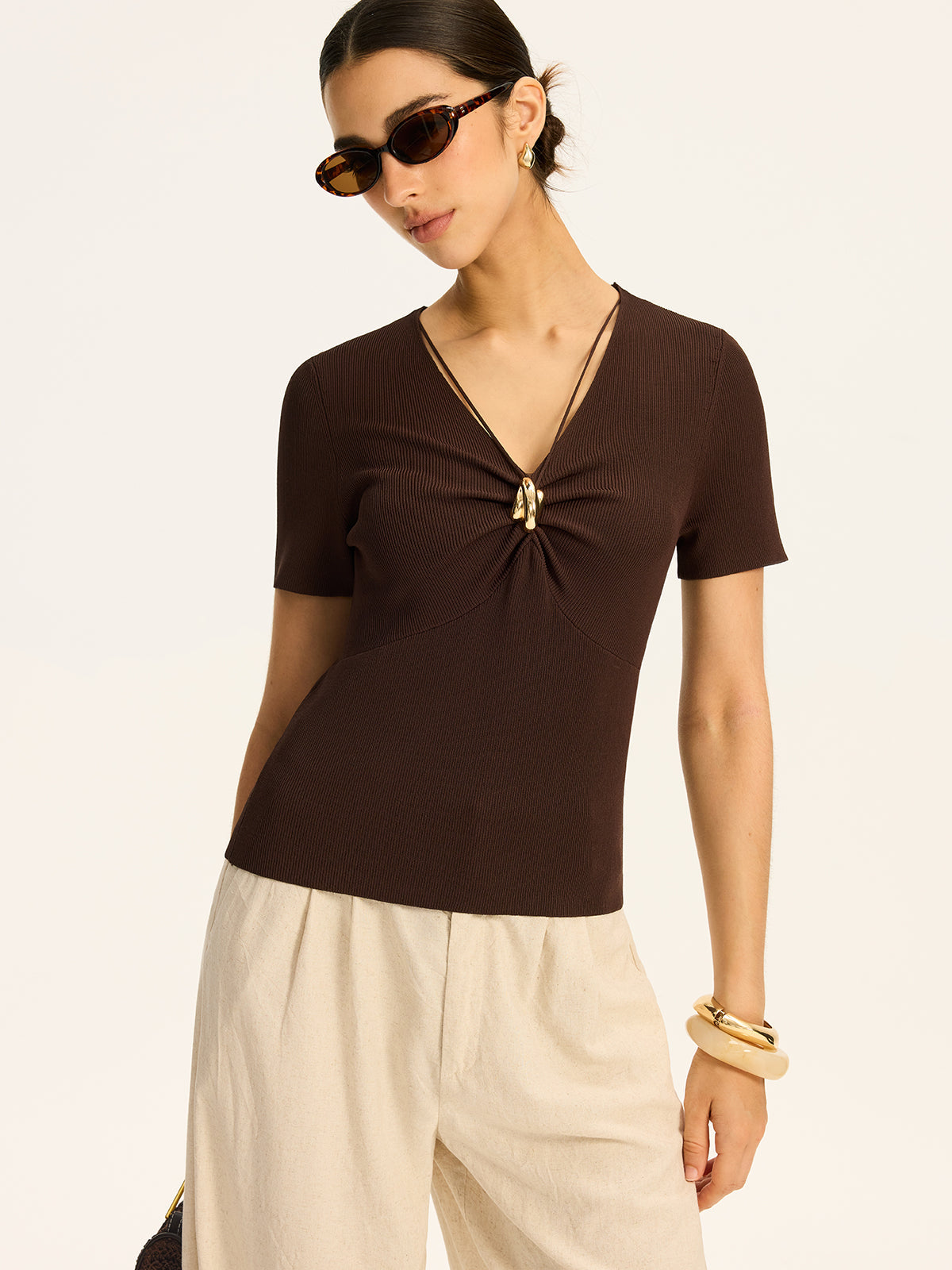 Metal Detail Ribbed Knit Top for Casual Wear Women