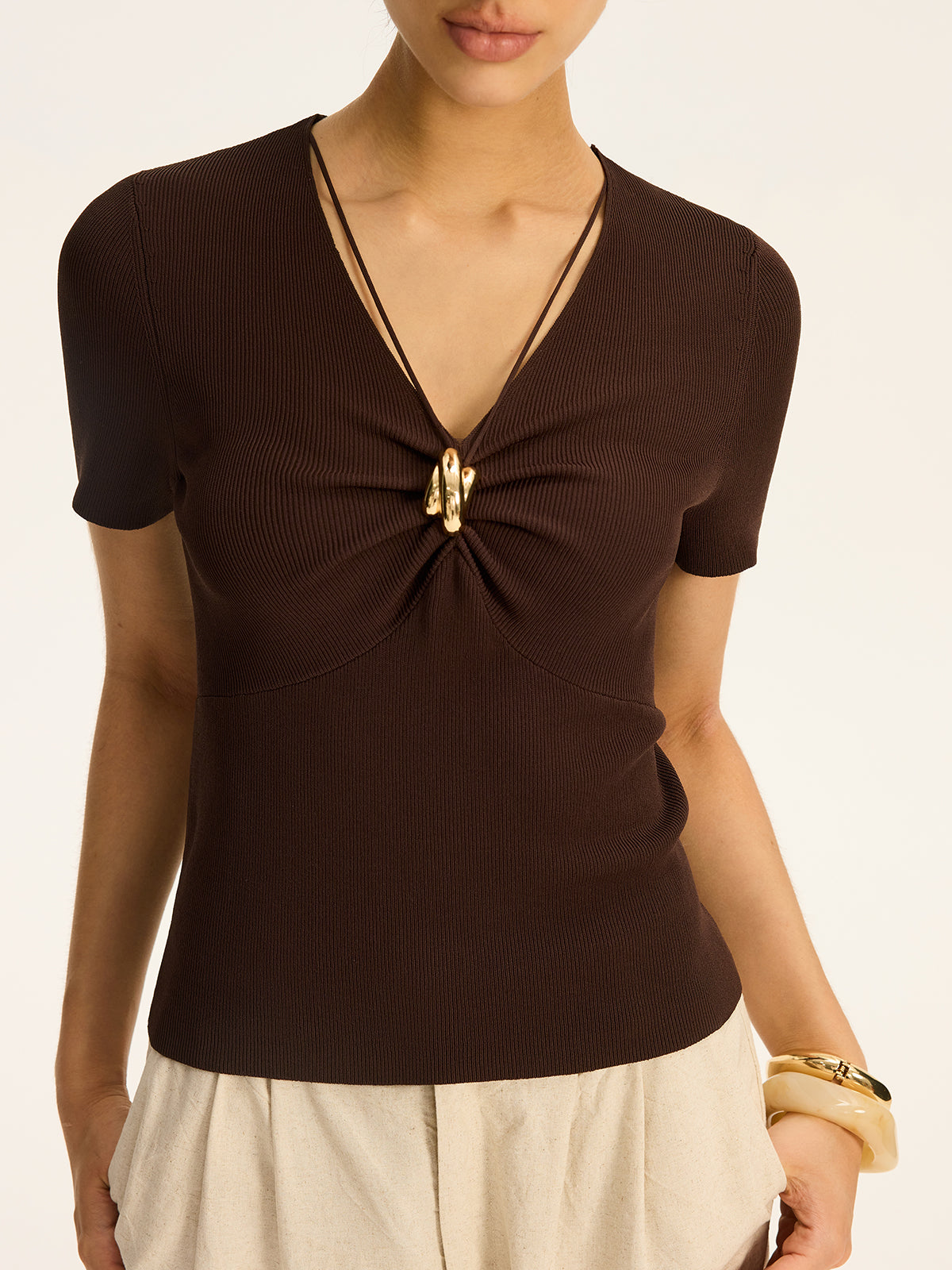 Metal Detail Ribbed Knit Top for Casual Wear Women