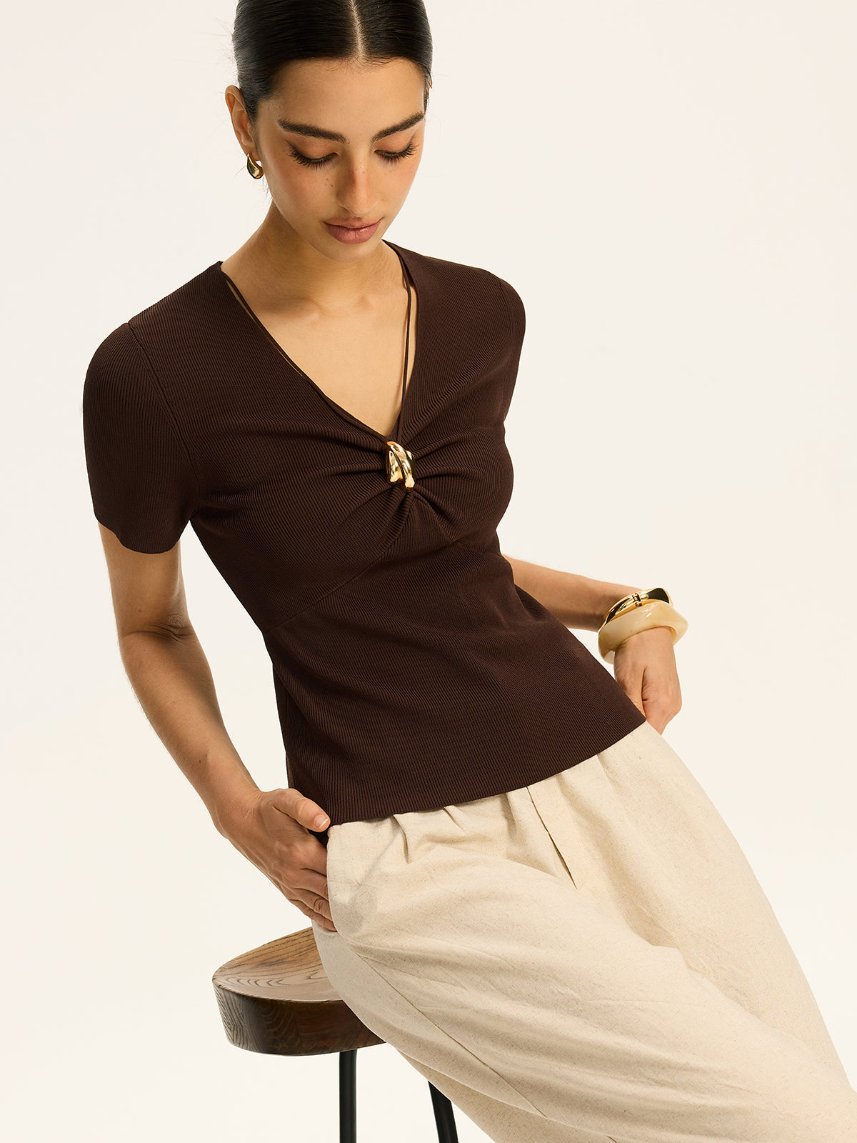 Metal Detail Ribbed Knit Top for Casual Wear Women