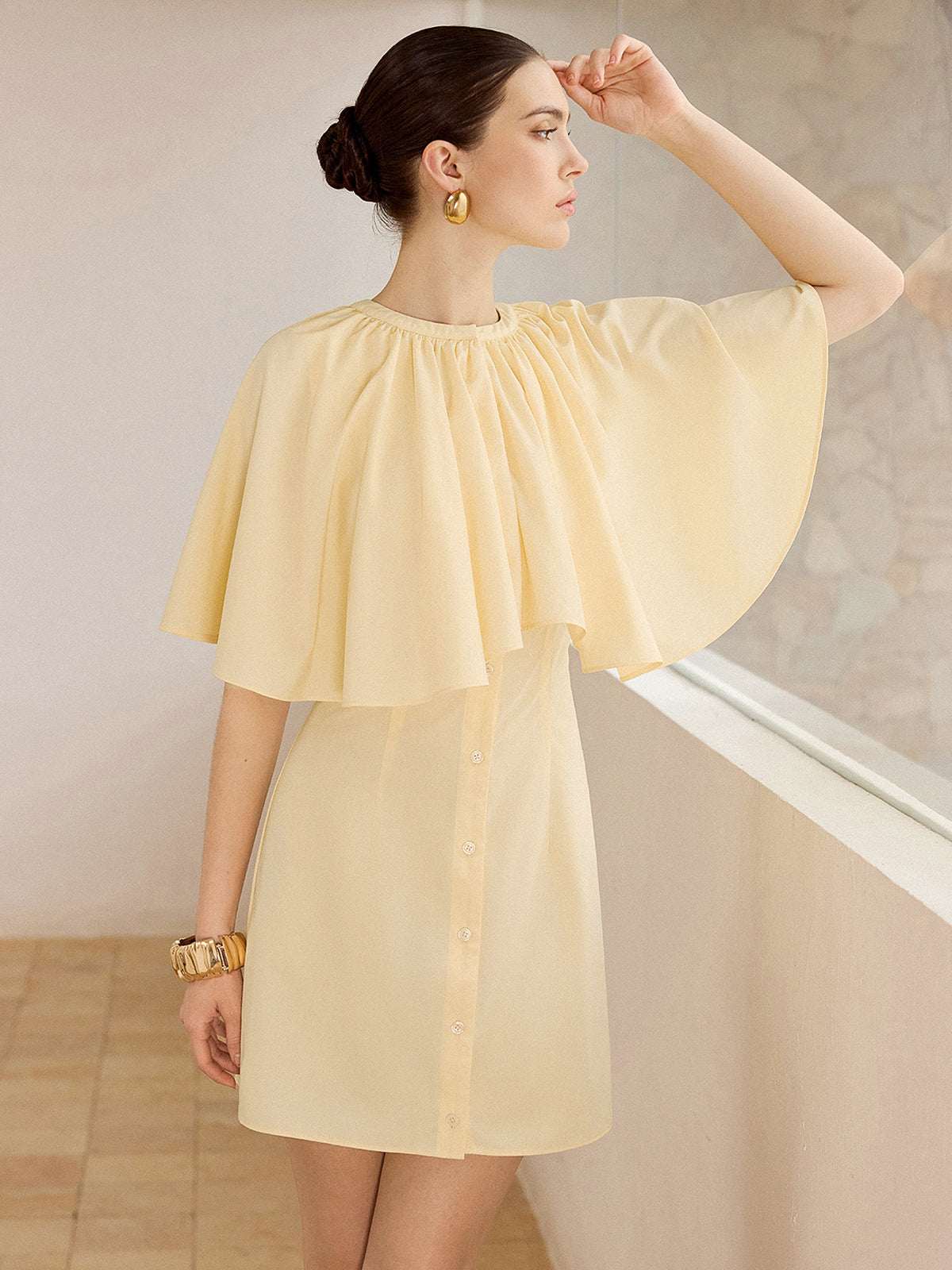 Cape-Sleeve Button-Front Mini Dress for Women Casual Daywear