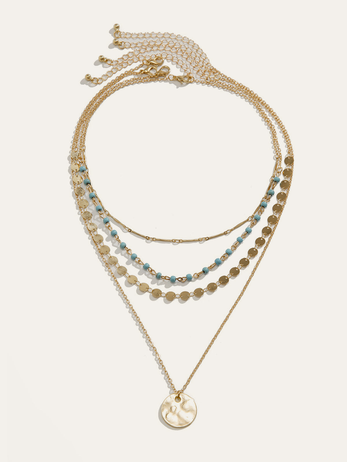 Gold-Tone Layered Chain Necklace with Colorful Beads and Disc Pendant for Women