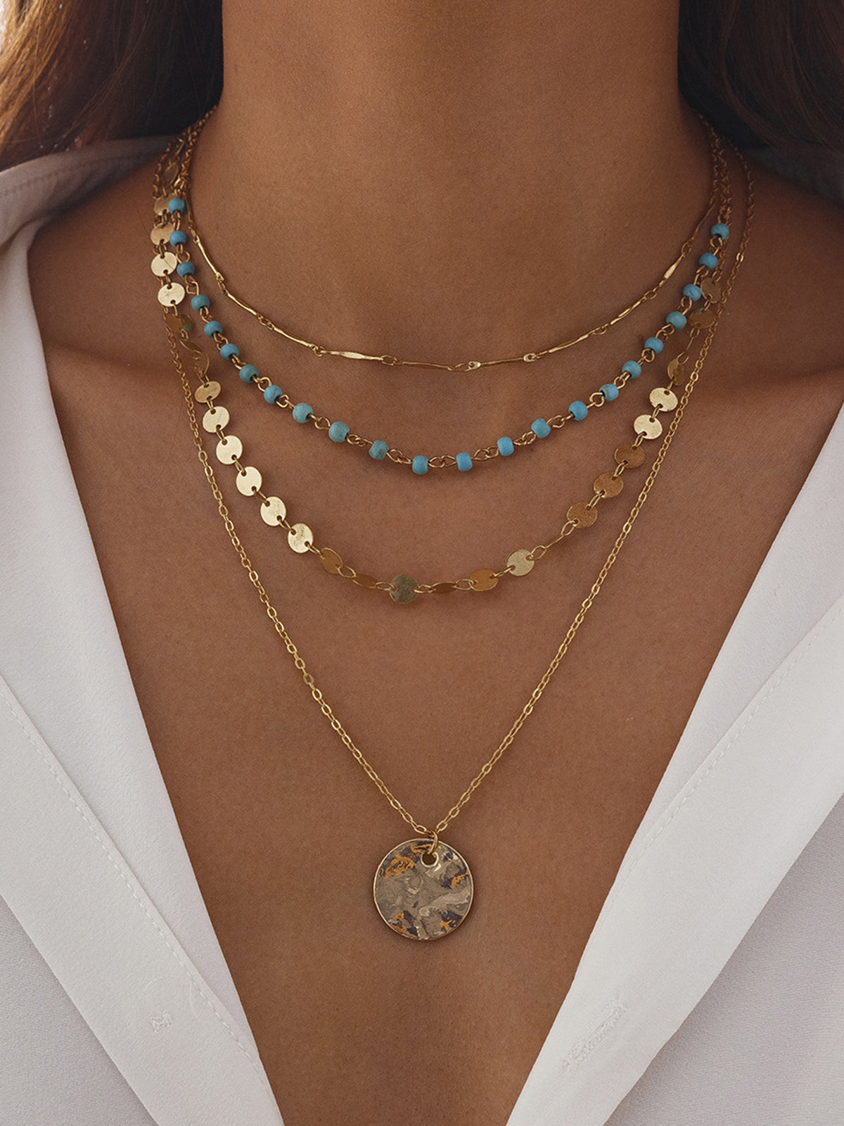 Gold-Tone Layered Chain Necklace with Colorful Beads and Disc Pendant for Women