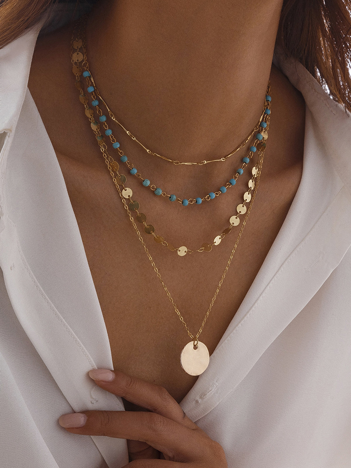Gold-Tone Layered Chain Necklace with Colorful Beads and Disc Pendant for Women