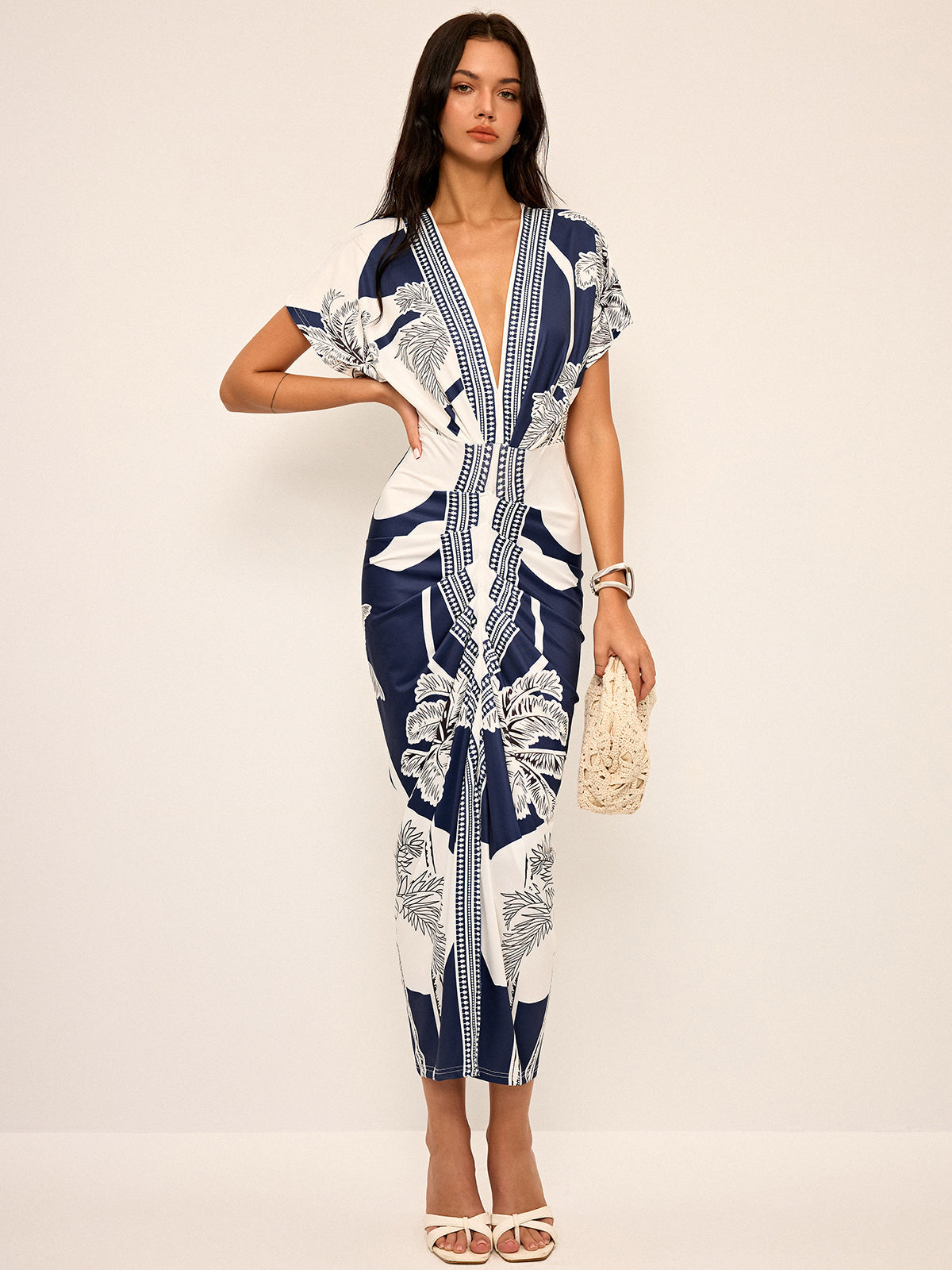 Printed Deep V-Neck Midi Dress Without Belt for Women Casual Spring