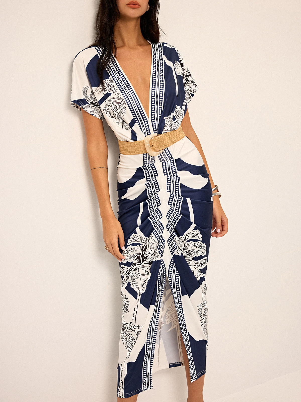 Printed Deep V-Neck Midi Dress Without Belt for Women Casual Spring
