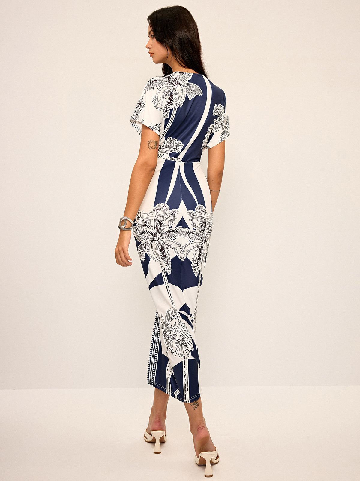 Printed Deep V-Neck Midi Dress Without Belt for Women Casual Spring