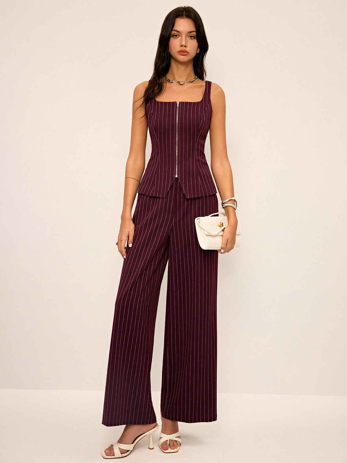 Pinstripe Wide-Leg Straight Pants for Women High Waist