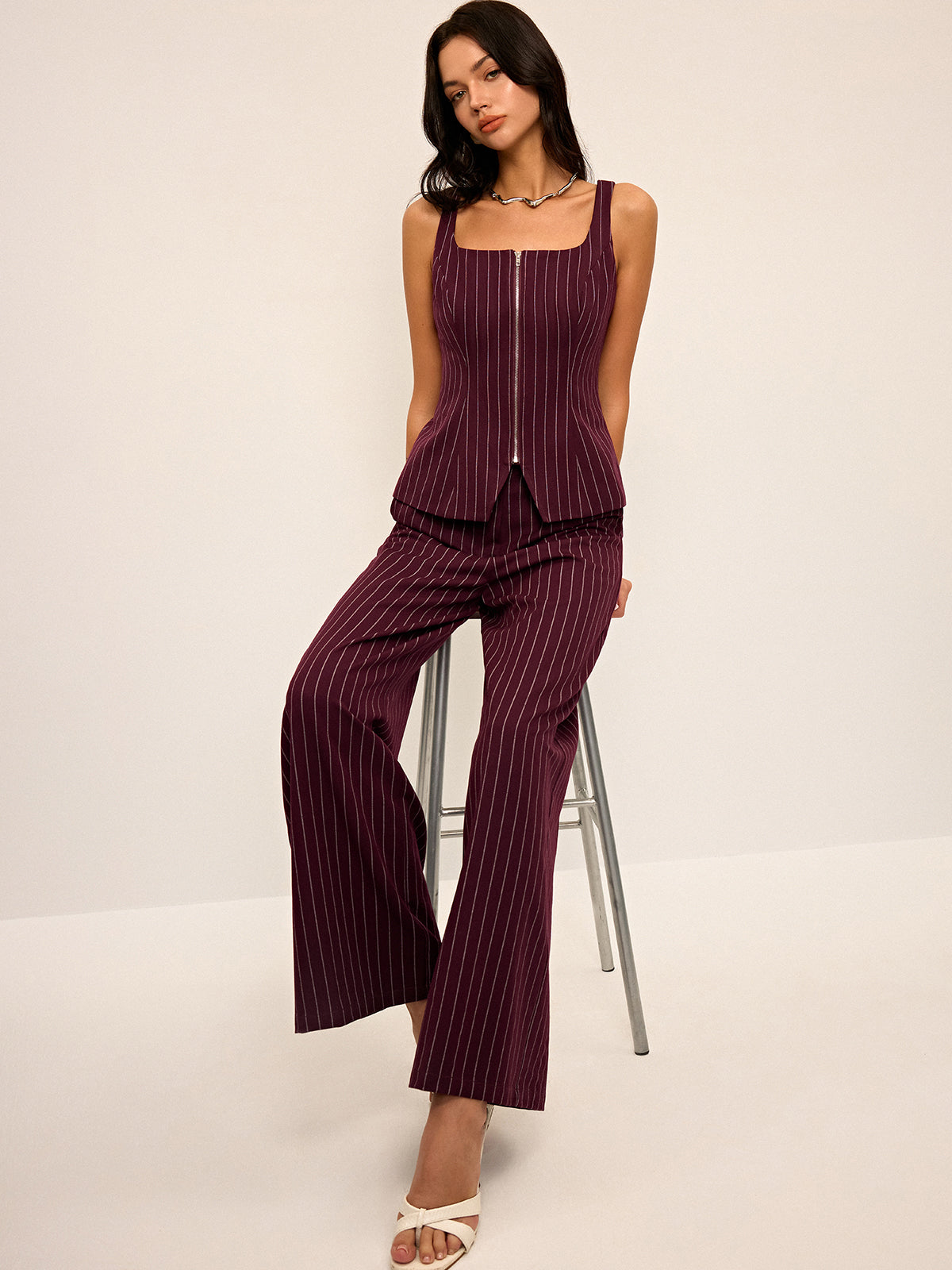 Pinstripe Wide-Leg Straight Pants for Women High Waist