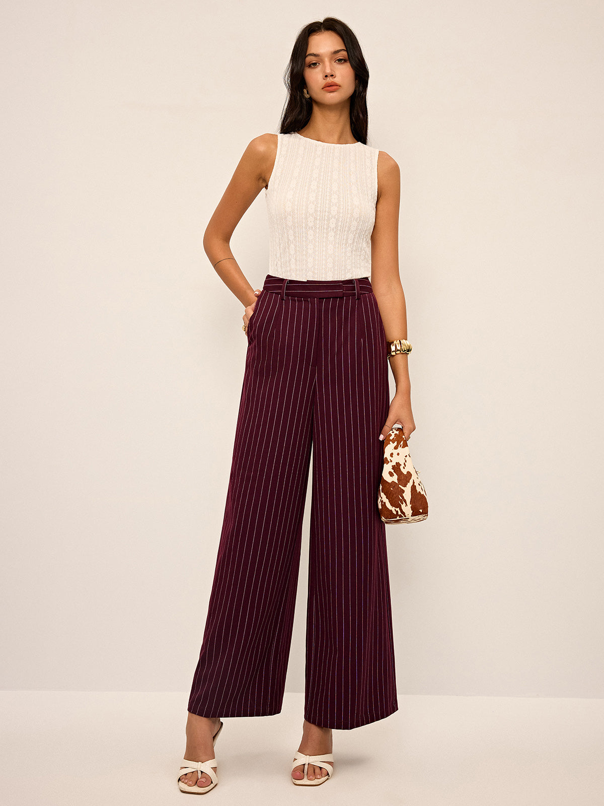 Pinstripe Wide-Leg Straight Pants for Women High Waist