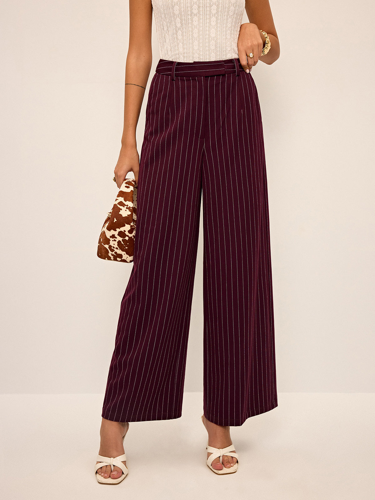 Pinstripe Wide-Leg Straight Pants for Women High Waist