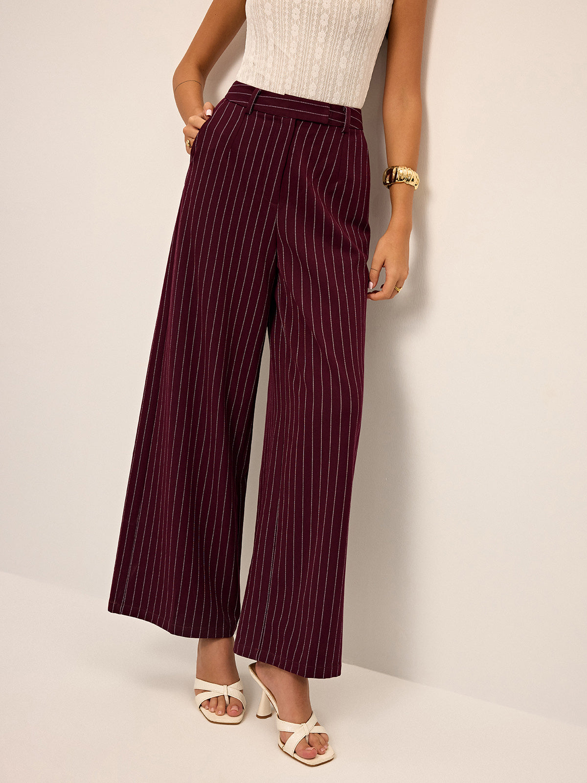 Pinstripe Wide-Leg Straight Pants for Women High Waist