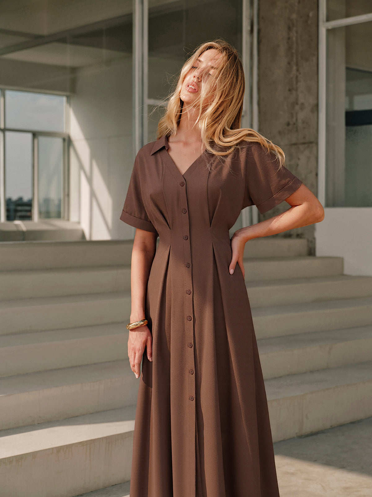Pleated Button-Front Shirt Dress with Tie Waist Detail