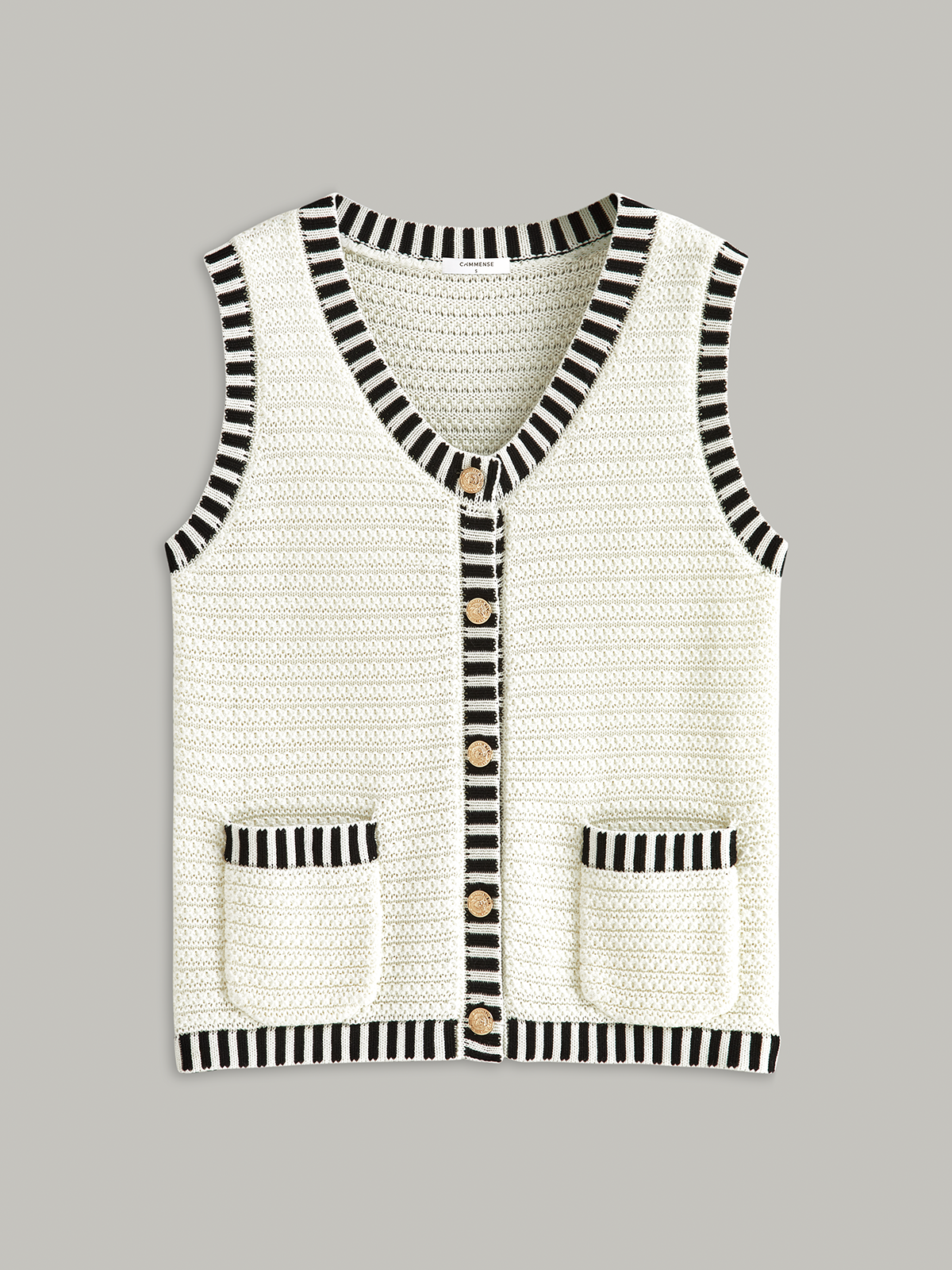 Button Striped Trim Knit Vest - Casual Sleeveless Sweater Top