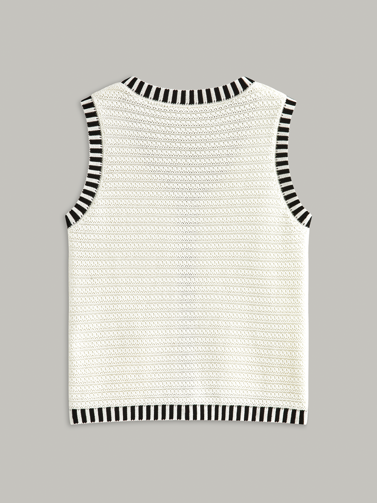 Button Striped Trim Knit Vest - Casual Sleeveless Sweater Top