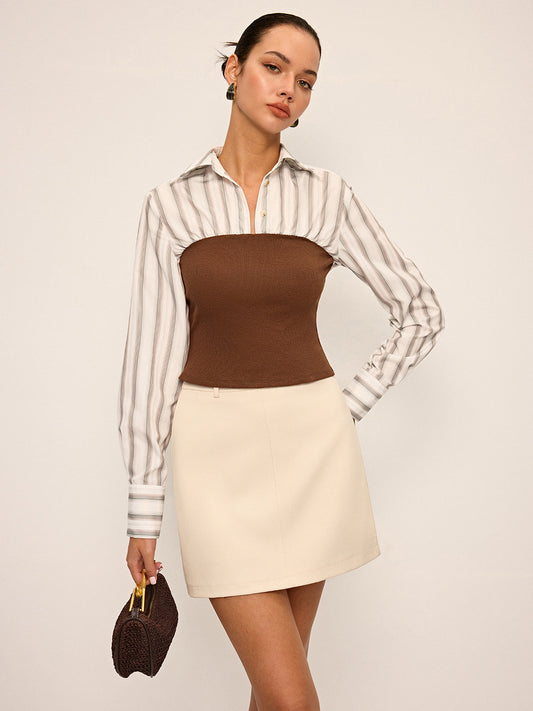 2 in 1 Ribbed Knit and Striped Contrast Shirt Casual Layered Look