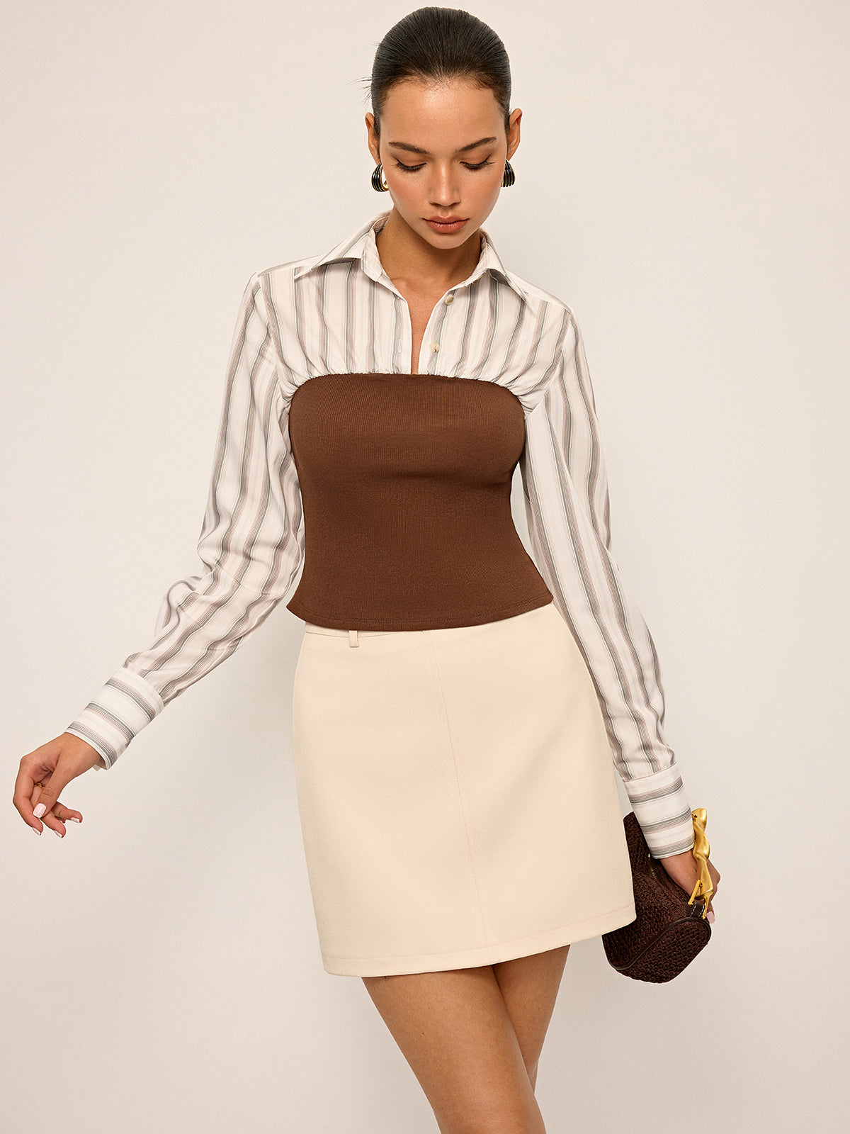 2 in 1 Ribbed Knit and Striped Contrast Shirt Casual Layered Look