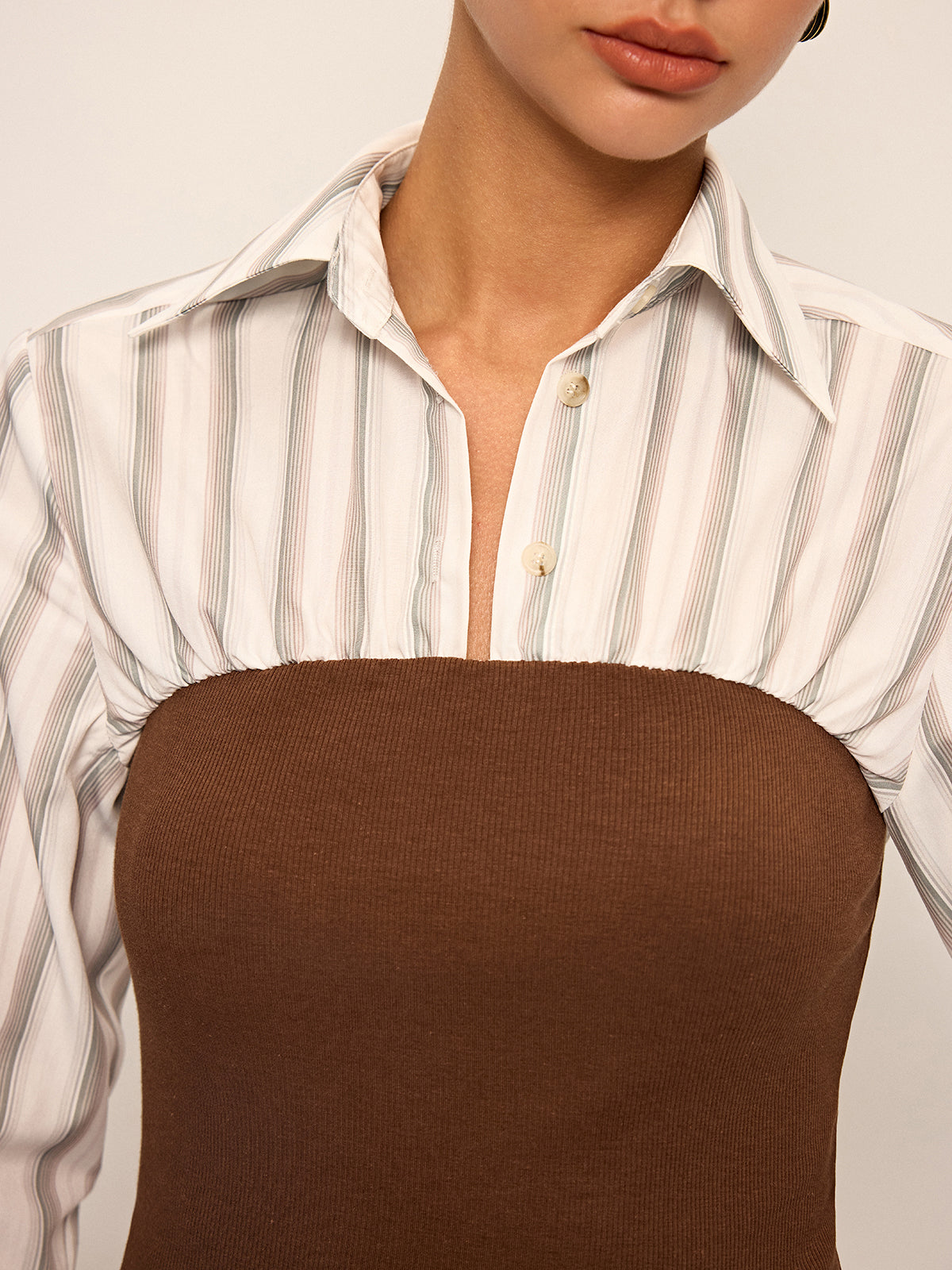 2 in 1 Ribbed Knit and Striped Contrast Shirt Casual Layered Look