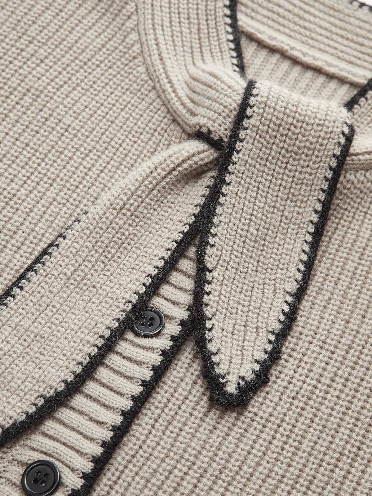 Tie Neck Contrast Trim Wool Blend Cardigan for Women