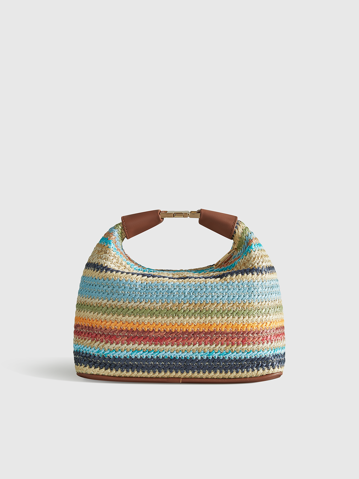 Color-Block Striped Straw Handbag with Adjustable Leather Strap for Summer