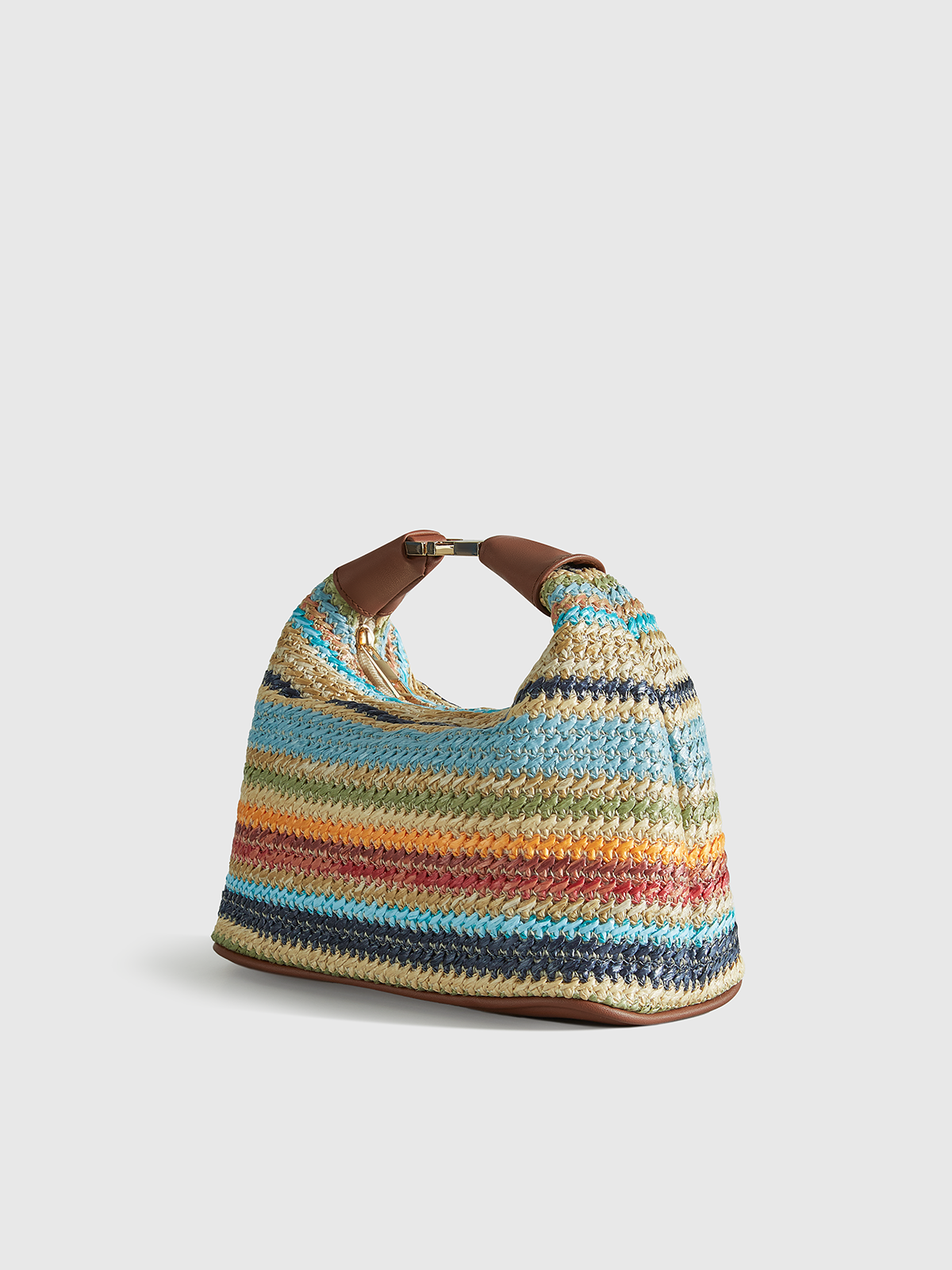 Color-Block Striped Straw Handbag with Adjustable Leather Strap for Summer