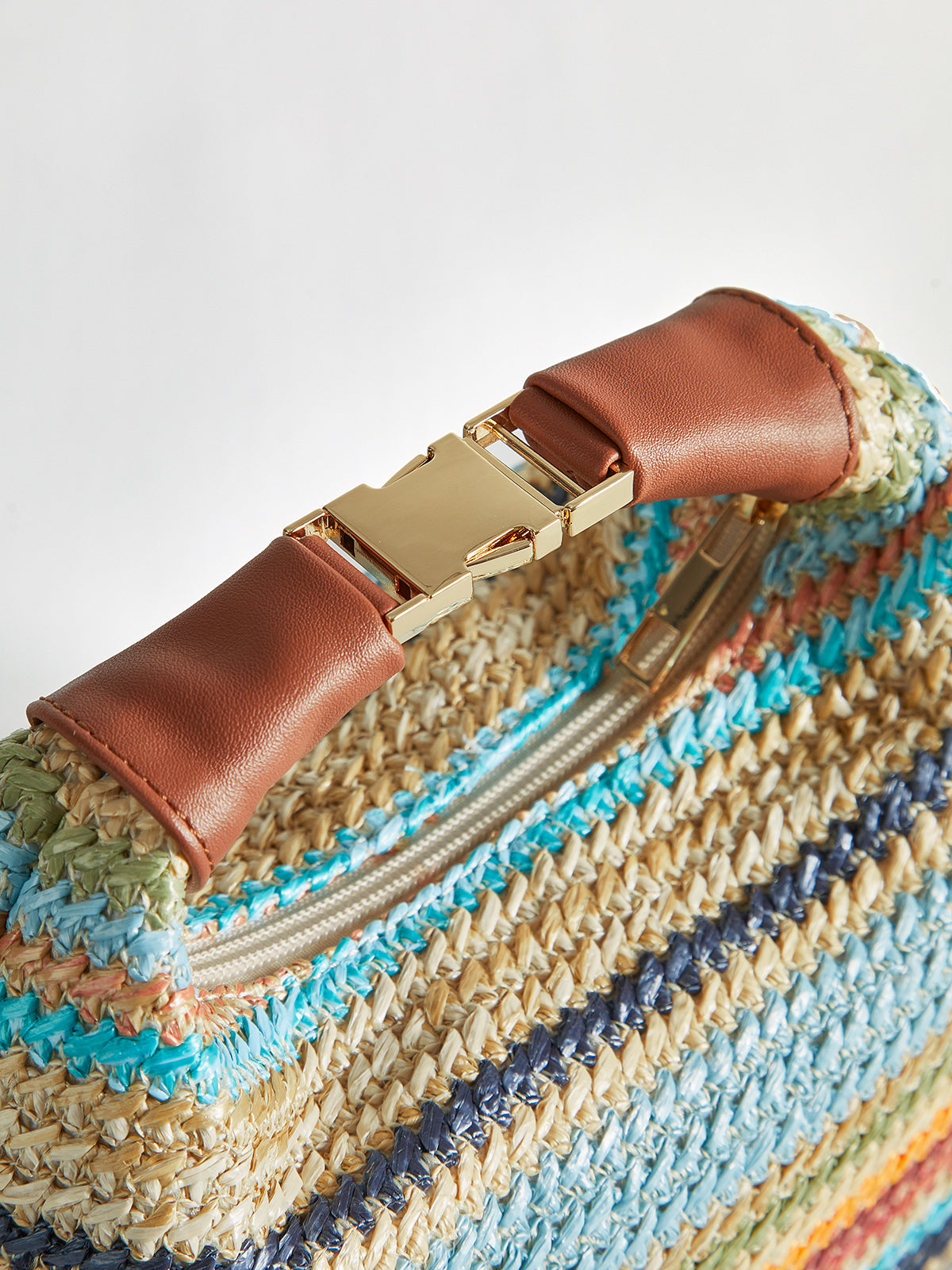 Color-Block Striped Straw Handbag with Adjustable Leather Strap for Summer