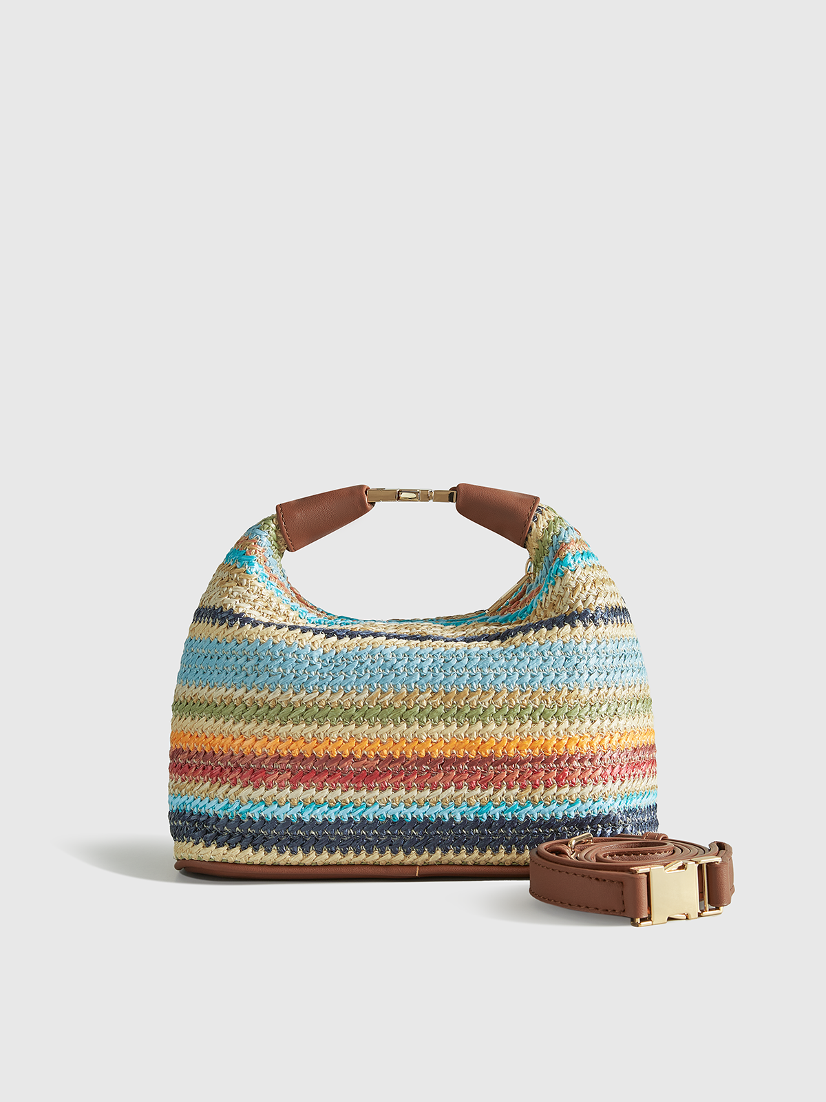 Color-Block Striped Straw Handbag with Adjustable Leather Strap for Summer