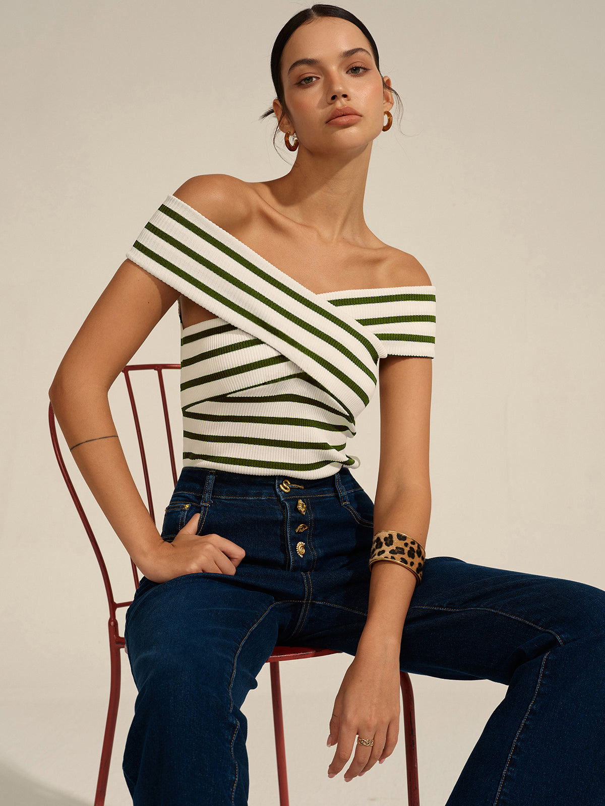 Striped Off-Shoulder Cross Knit Top for Women Casual Wear